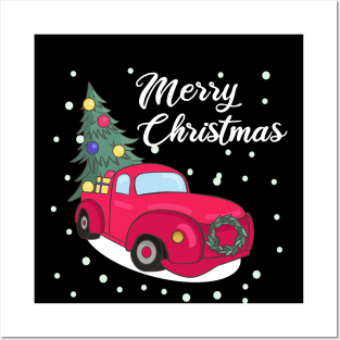 Merry Christmas Retro Vintage Red Truck Posters and Art